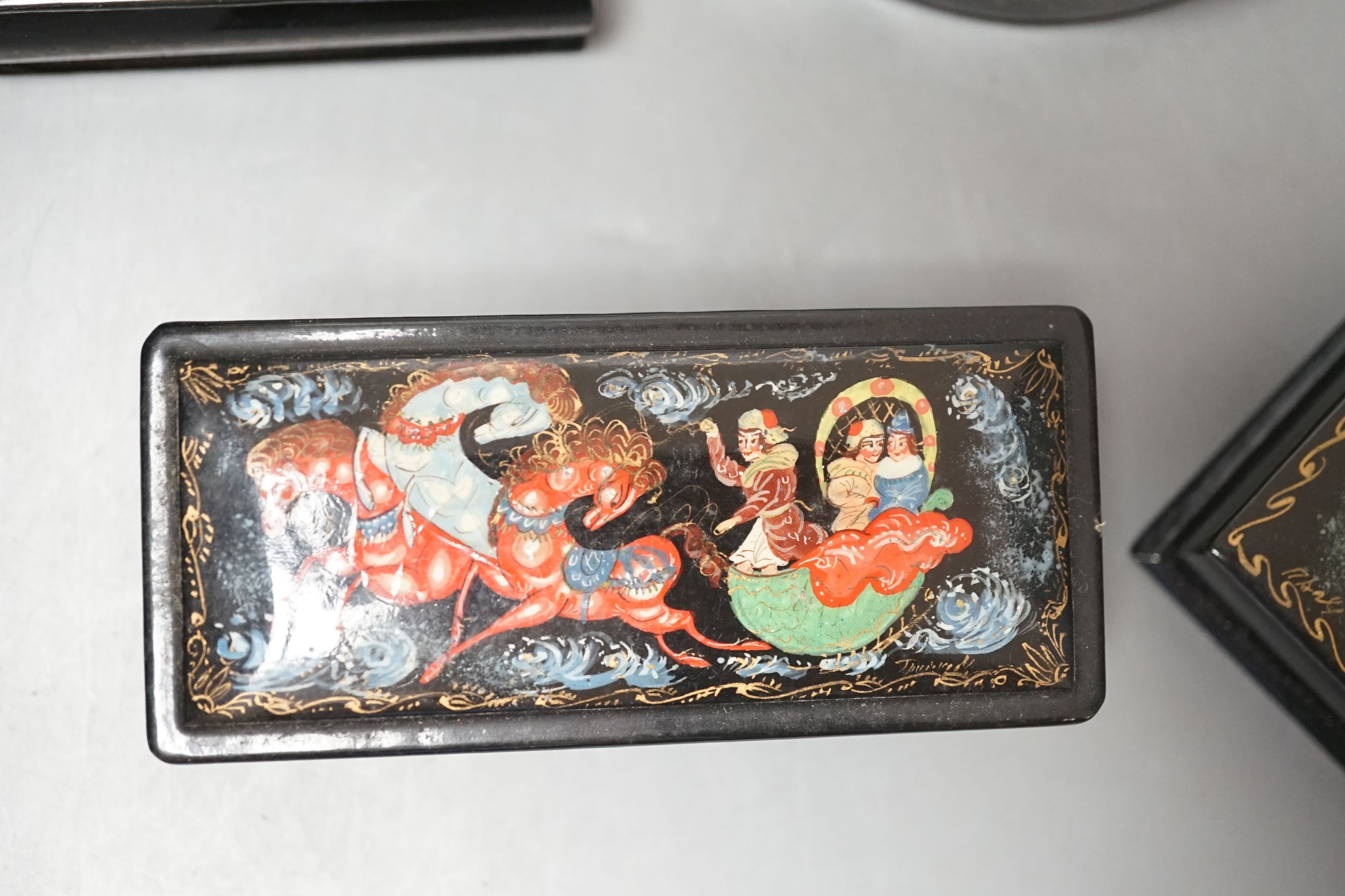 Eight Russian lacquer boxes, some painted and some with printed decoration